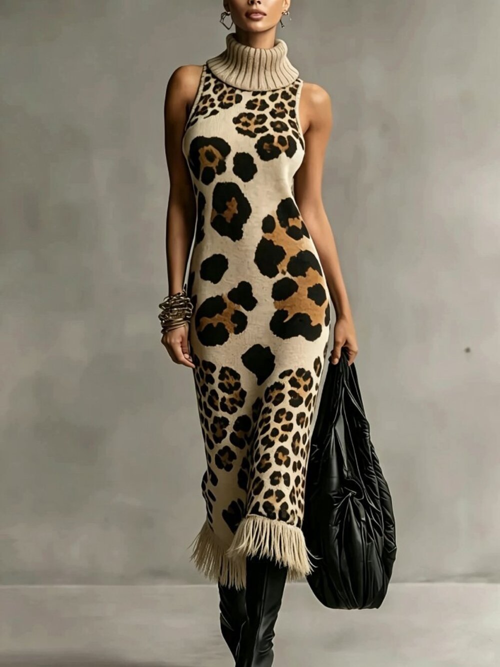 Apricot Casual Women's Leopard Print High Neck Sleeveless Knit Dress